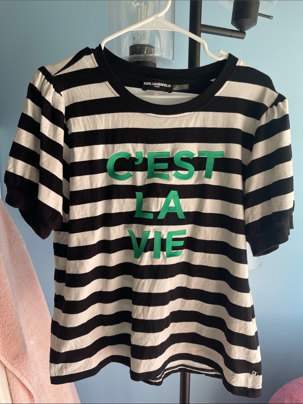 Karl Lagerfeld Black White Striped Tee with Green Lettering